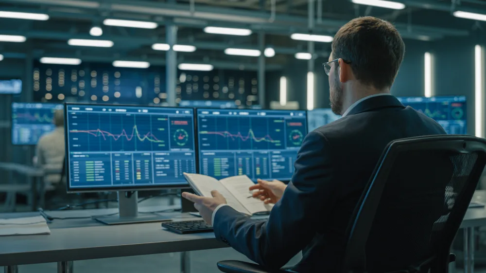 Business continuity professional monitoring real-time crisis response dashboards in modern operations center