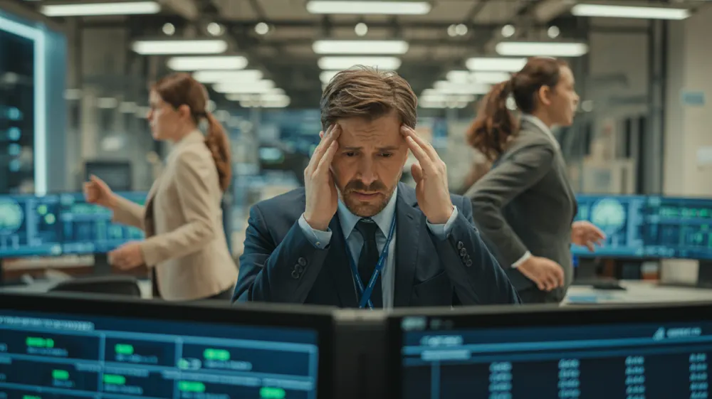 Operations manager coordinating crisis response at multiple screens in a modern office