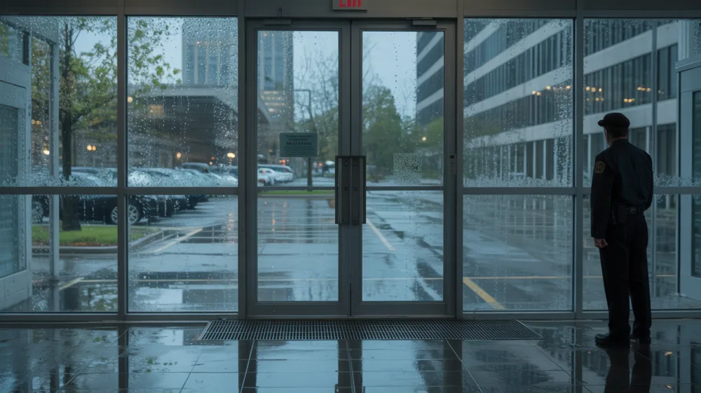 Security guard looking out glass doors at flooded parking lot during early morning storm conditions