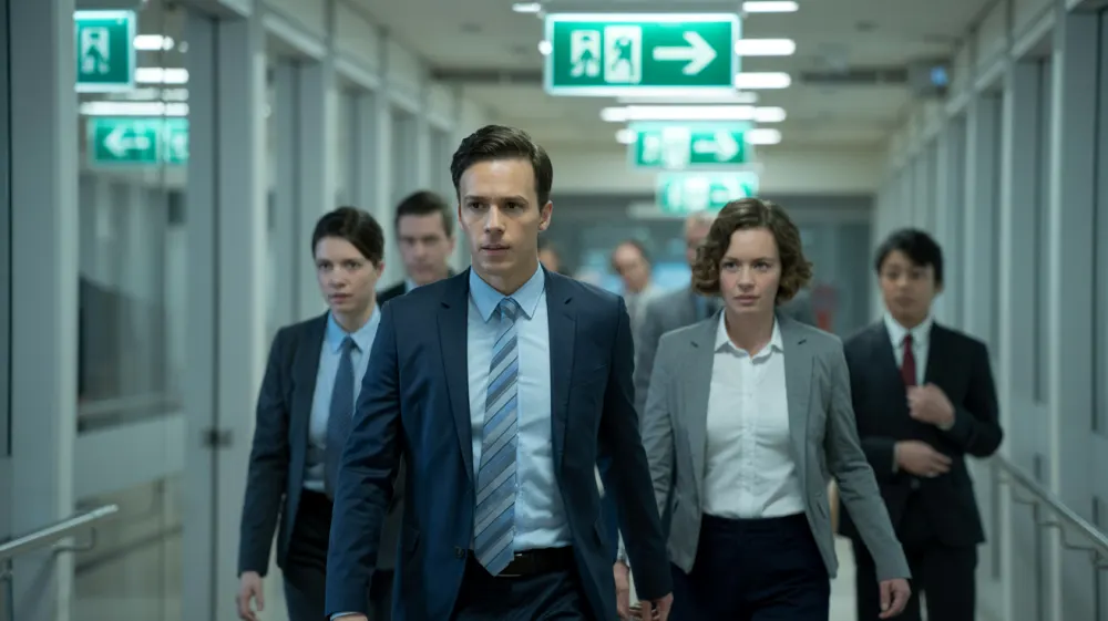 Employees participating in an emergency safety drill in a corporate corridor