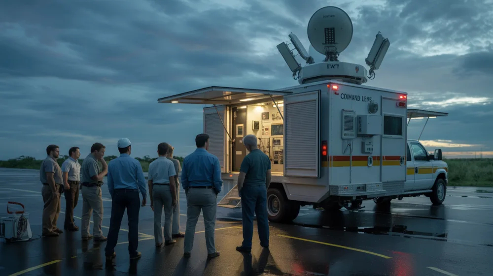 Emergency responders coordinating at a mobile command center with satellite communication equipment during disaster recovery