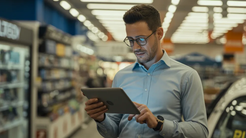 Store manager confidently holding tablet reviewing emergency procedures in retail environment