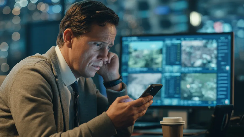 Operations manager checking emergency alerts on smartphone in early morning hours