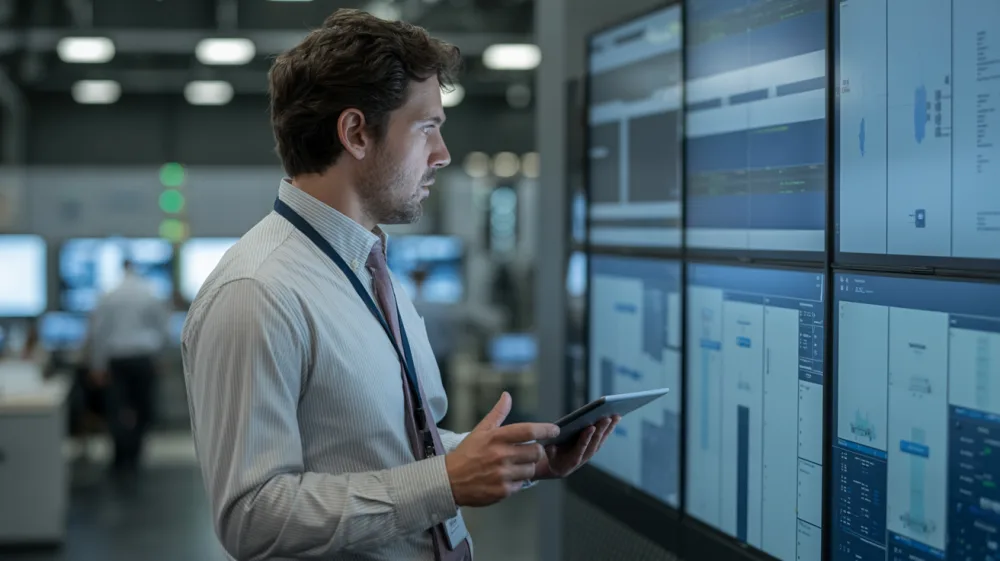 Regional manager reviewing multi-location status updates on a wall-mounted display in an operations center