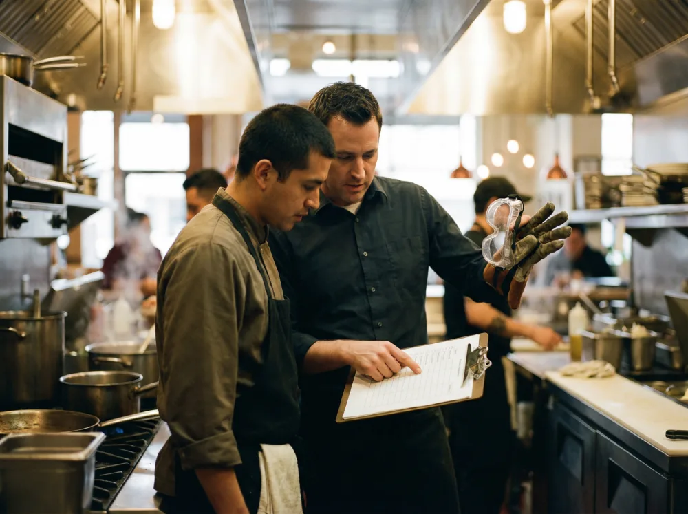 Manager training new employee on safety procedures in restaurant kitchen
