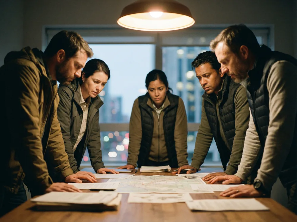 A crisis response team in an intense planning session reviewing emergency procedures under dramatic lighting