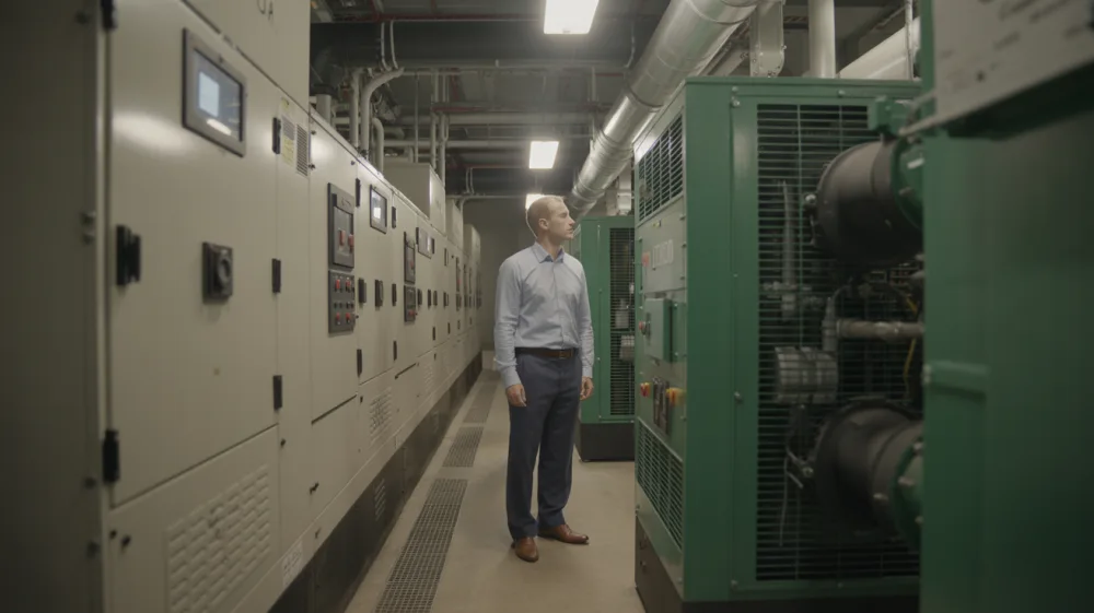 Facility manager inspecting backup generators in a mechanical room