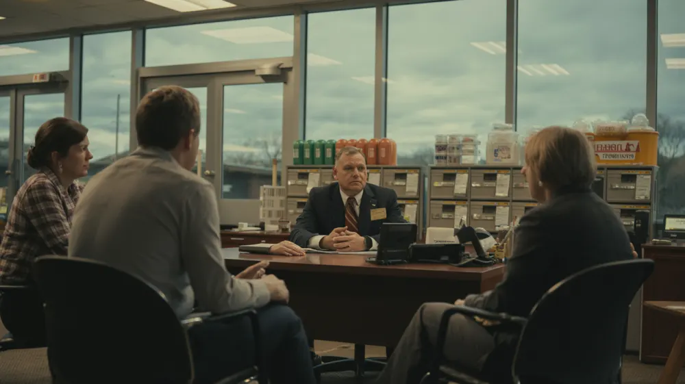 Credit union manager meeting with concerned members in a branch office during storm preparations