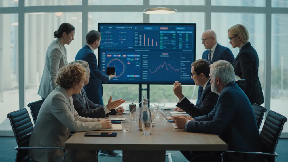 Executive team reviewing risk dashboards during a crisis briefing session