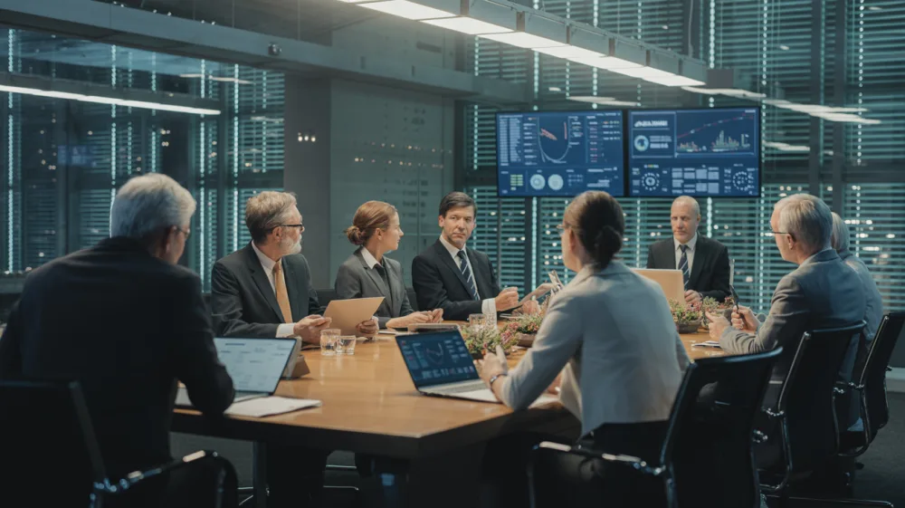 Diverse board directors reviewing business continuity reports and data dashboards during quarterly governance meeting