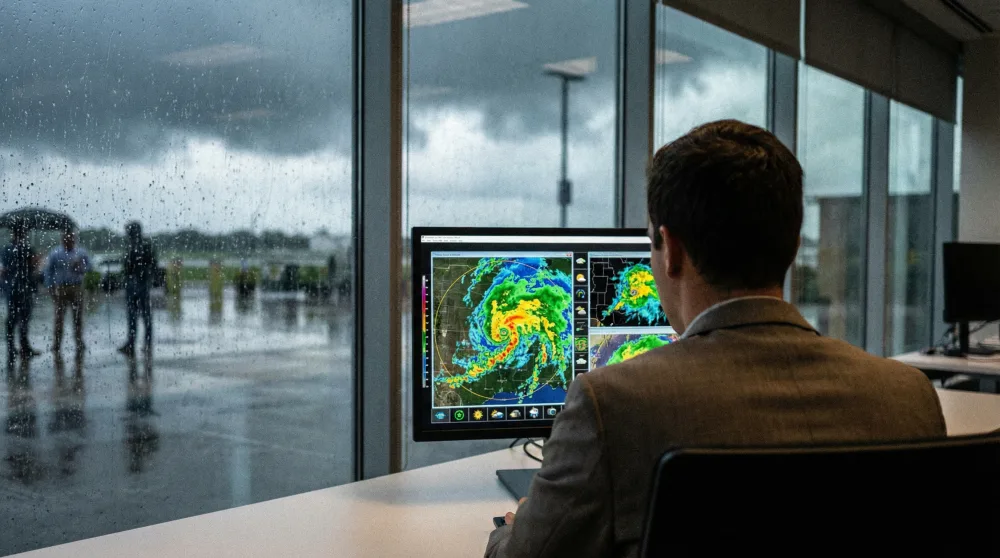 Branch manager reviewing safety protocols and weather alerts on computer during severe conditions