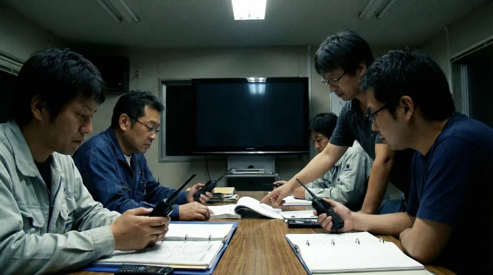 Credit union emergency operations team reviewing backup communication protocols during system outage