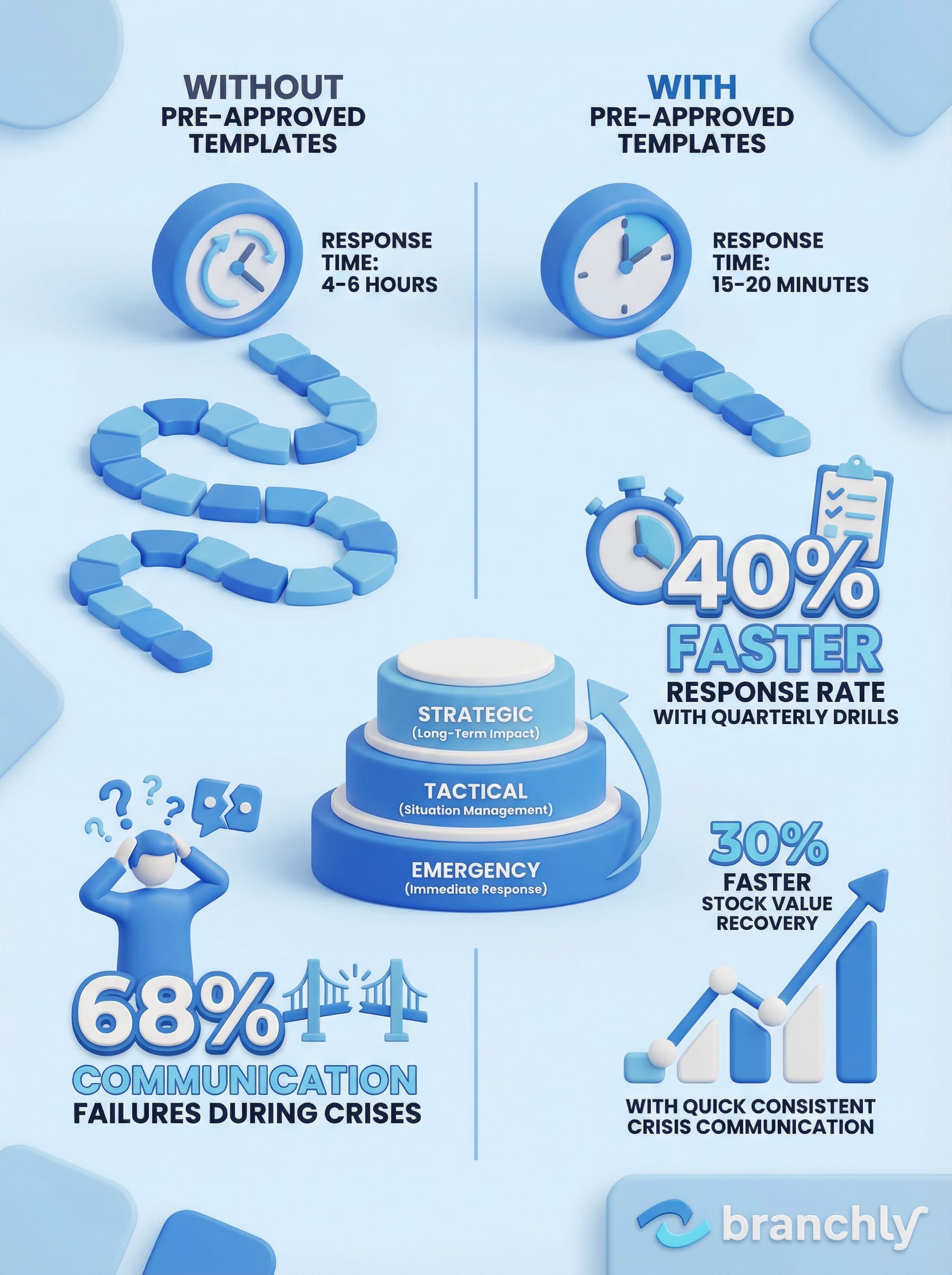 Visual diagram showing the crisis communication approval workflow from template creation to message deployment