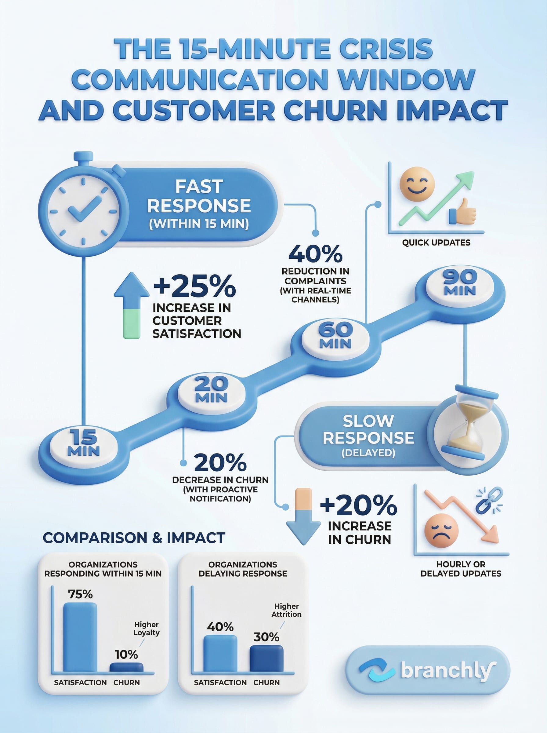 Infographic showing customer churn rates and loyalty metrics during crisis communication delays