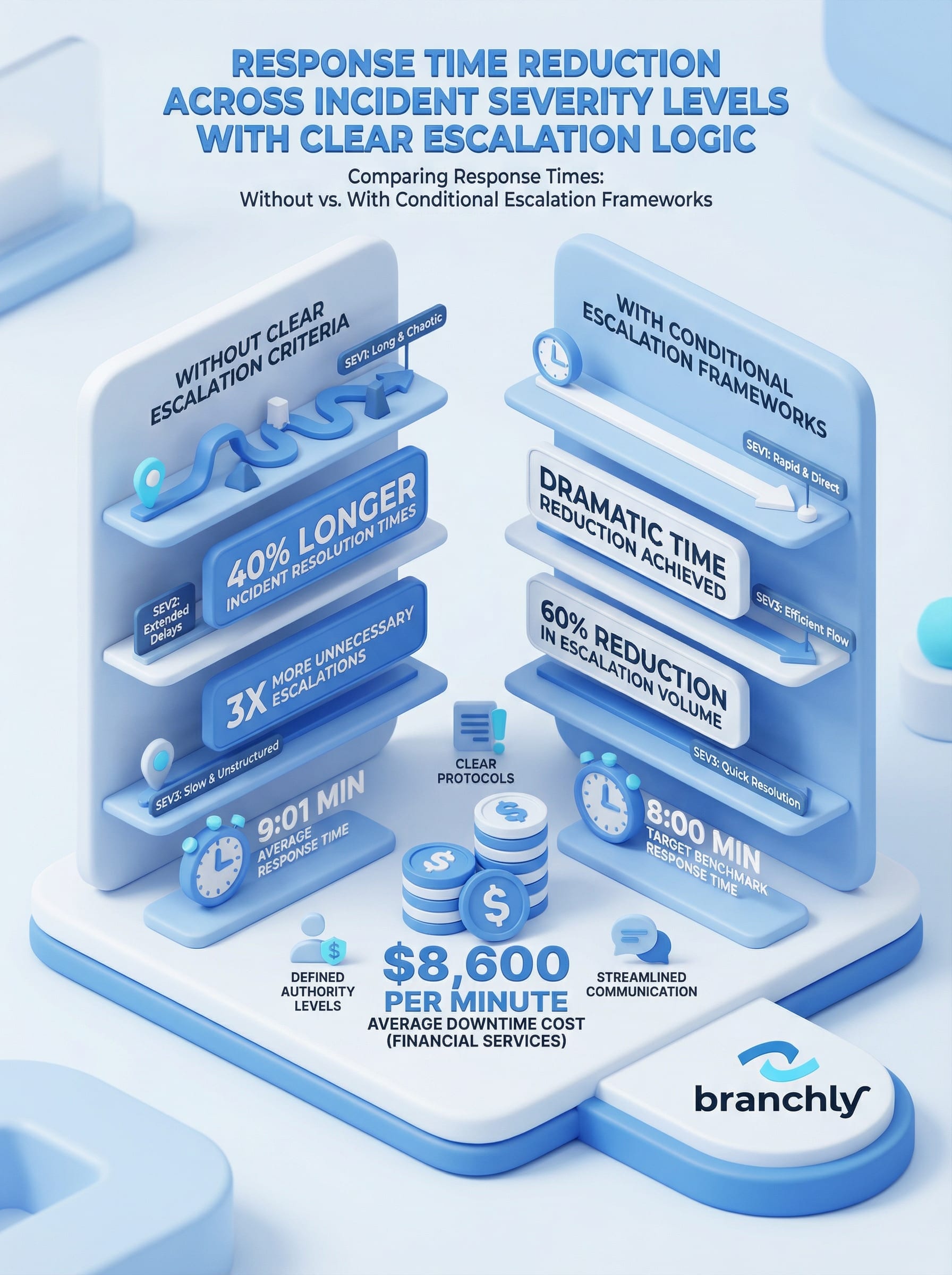 Decision tree diagram showing conditional escalation paths with severity levels, time thresholds, and role assignments
