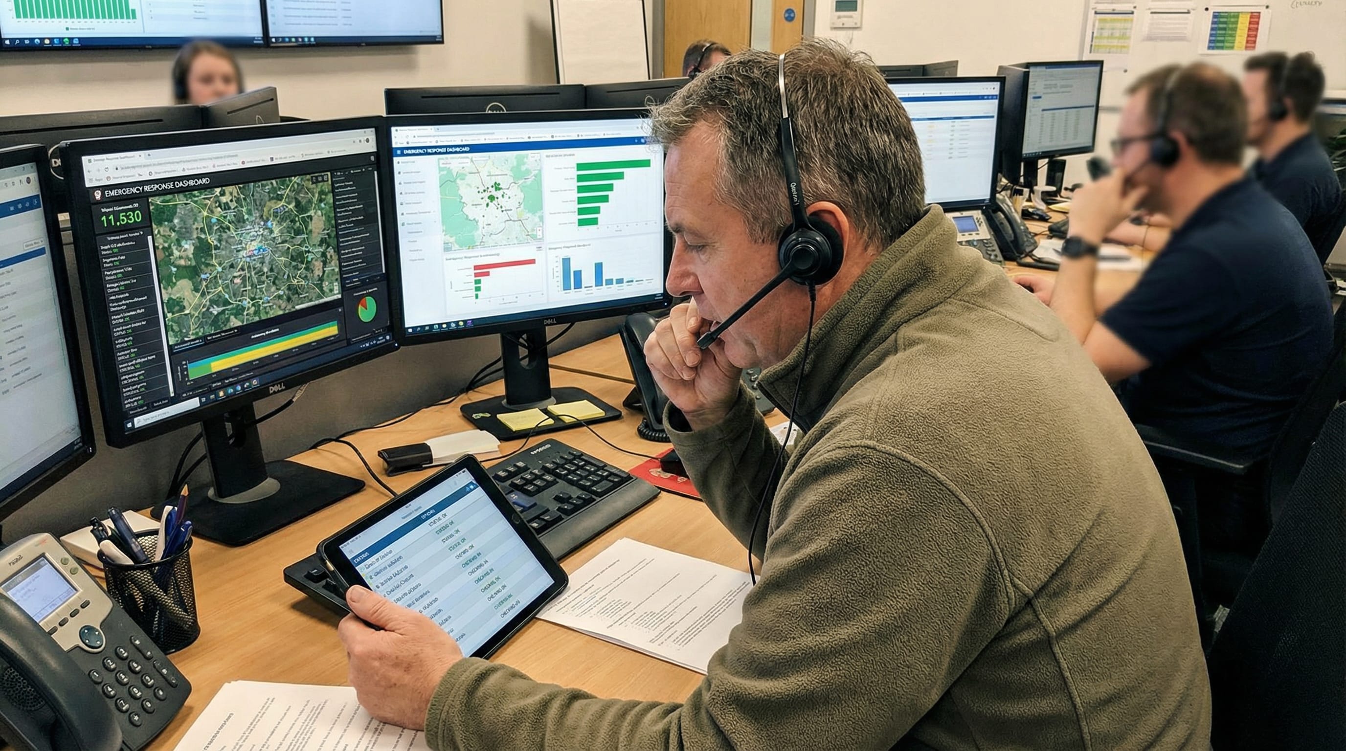 Emergency drill metrics dashboard showing employee check-in rates and response times across multiple locations