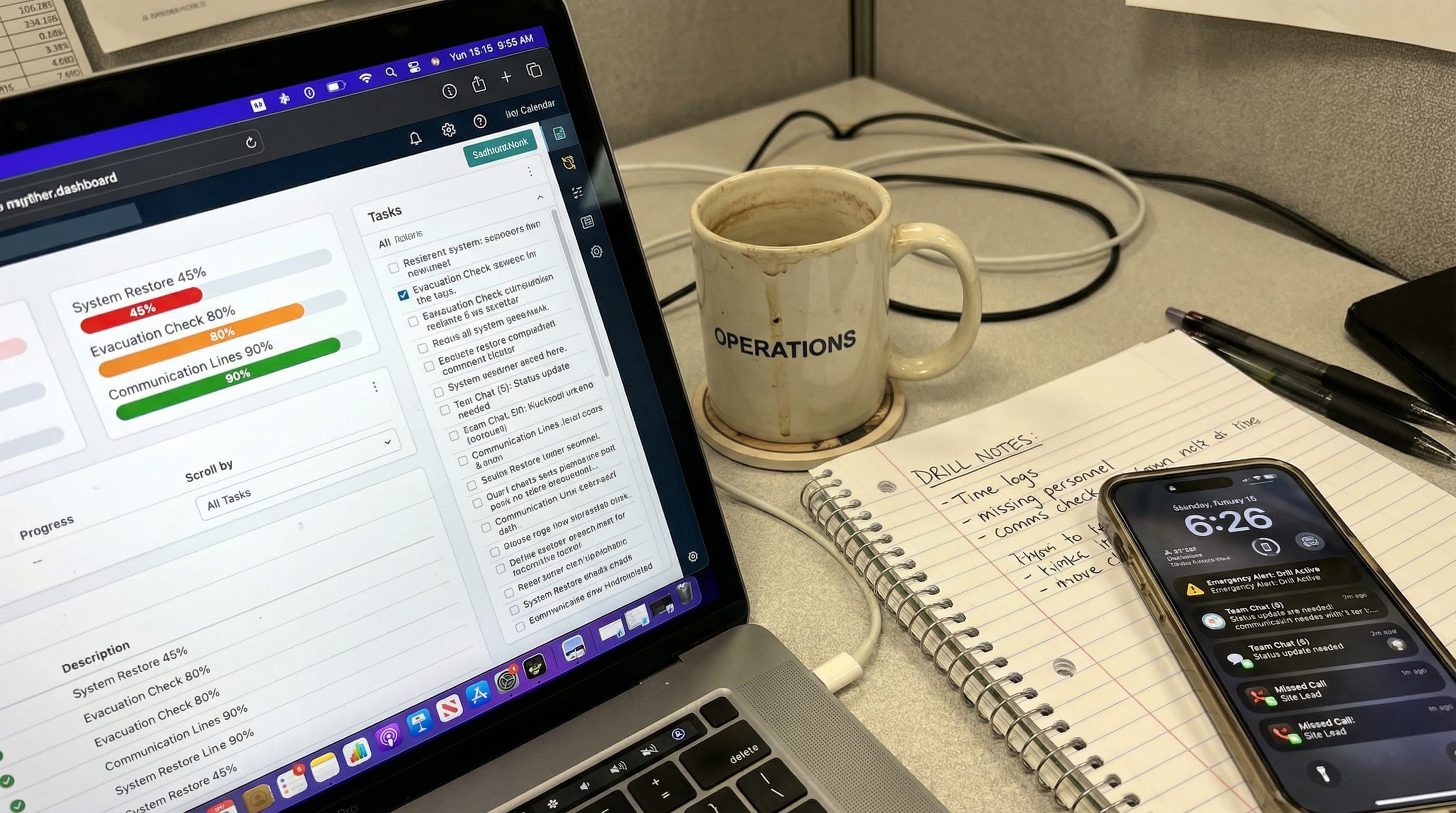 Dashboard showing task completion metrics across multiple crisis response categories with trend analysis