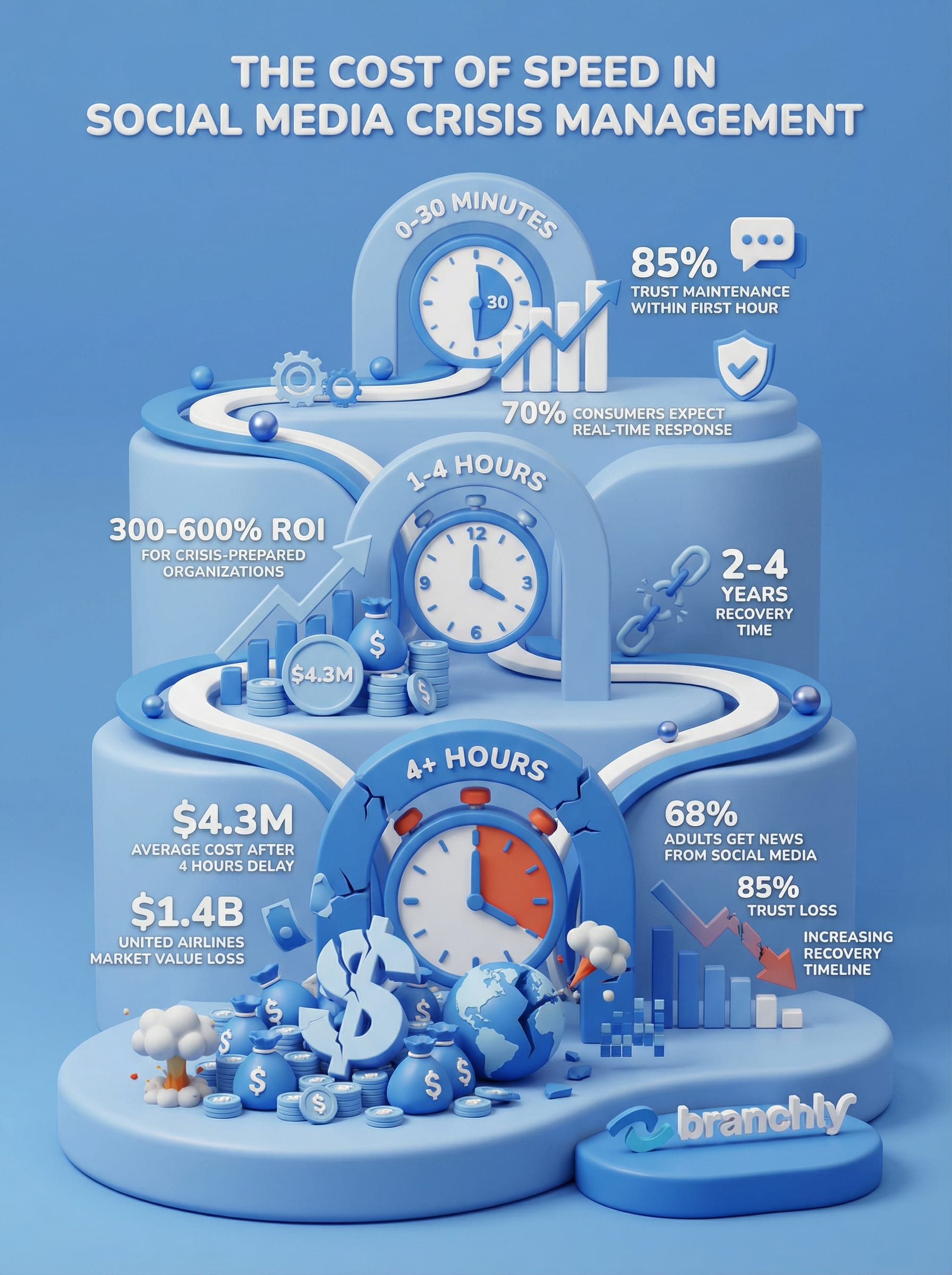 Timeline infographic showing critical response windows during social media crisis escalation