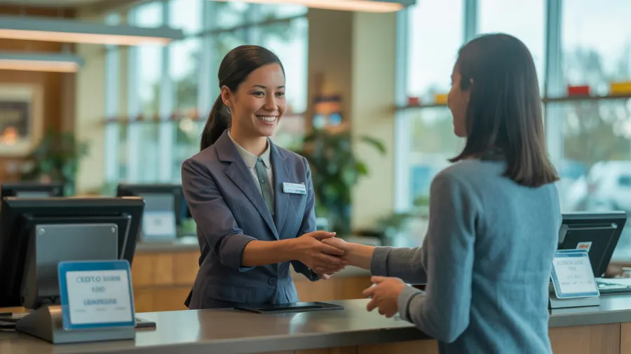 Two people at a credit union shaking hands