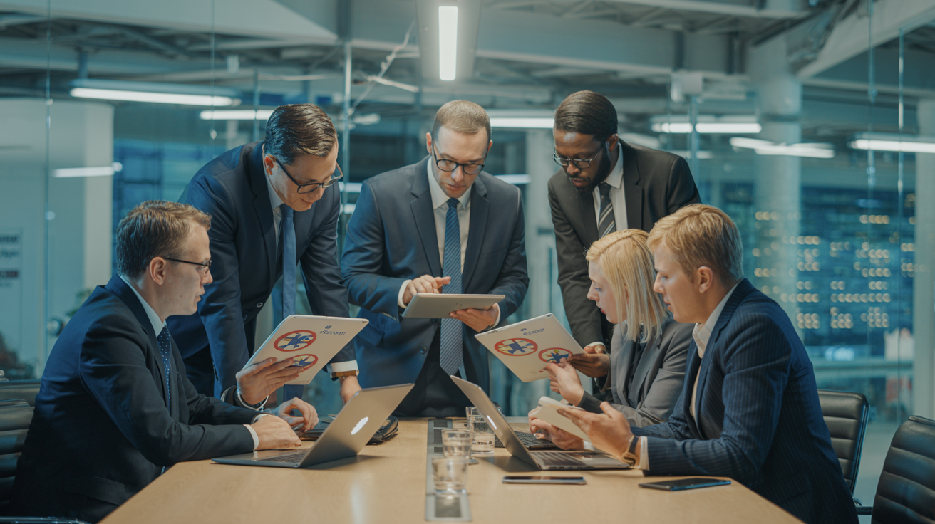 Business professionals collaborating on emergency response planning around conference table