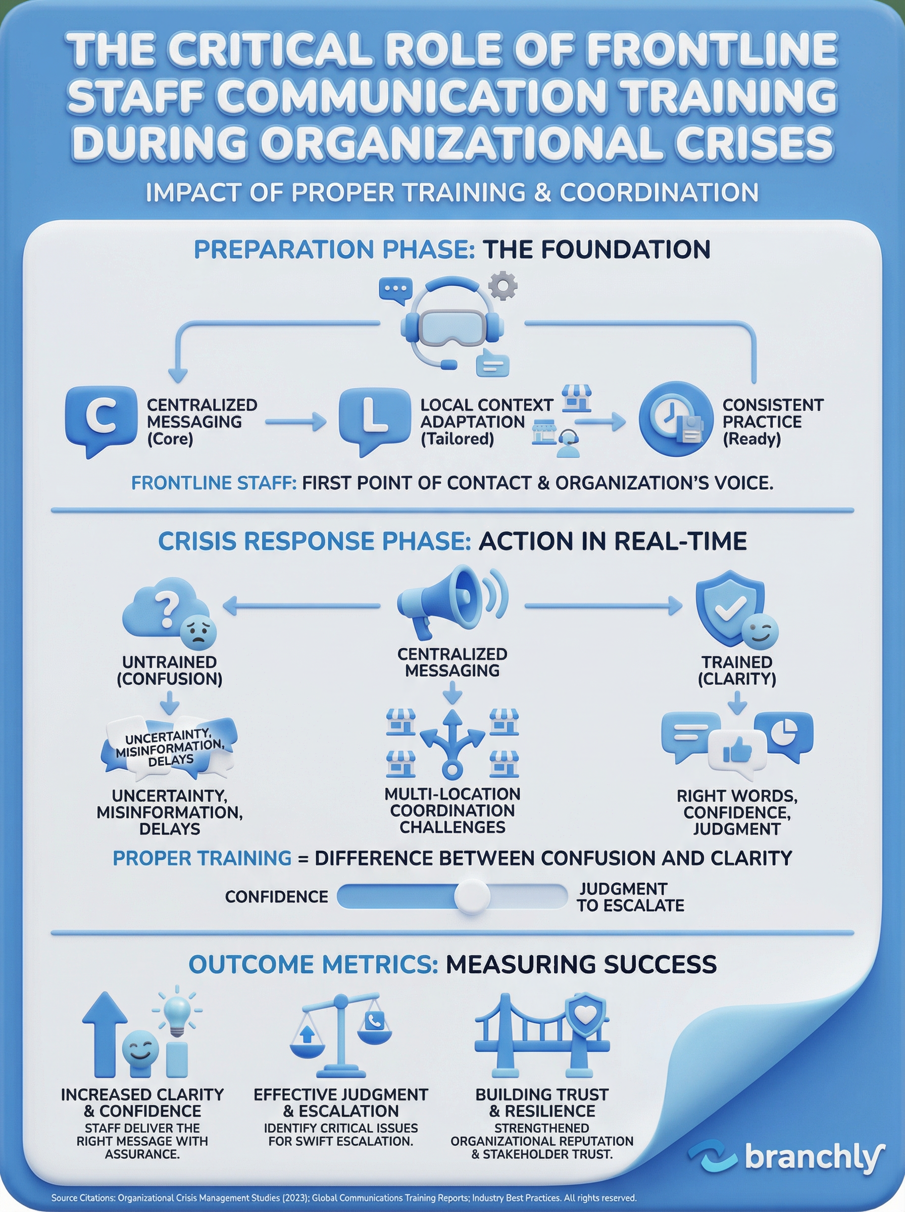 Visual diagram showing crisis communication flow from leadership to frontline staff across multiple locations