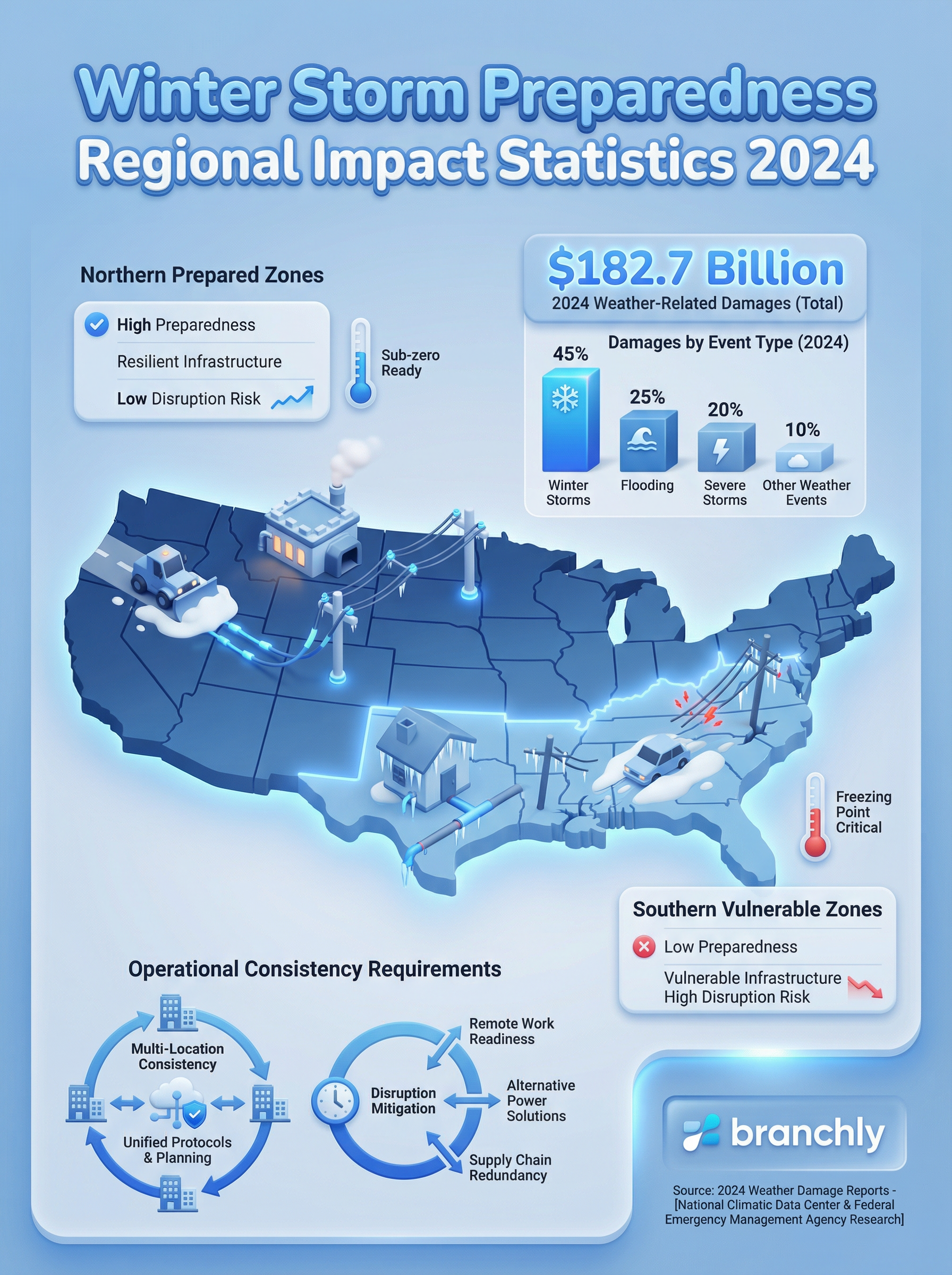Map visualization showing winter storm severity levels across different U.S. regions with infrastructure readiness indicators