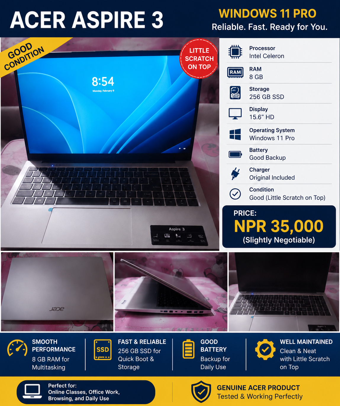 Acer Aspire 3 | 8GB RAM | 256GB SSD | Windows 11 Pro | Excellent Condition
