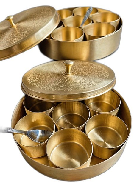 Classic Brass Masala Dani Spice Box in 5inch: engraved of peacock