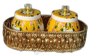 Yellow Handpainted Floral Spice Box & Bowls Set