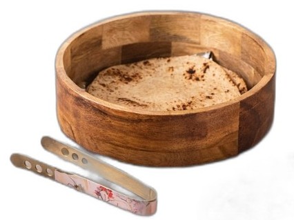 Artisanal Wood-Carved Roti Box with Tongs
