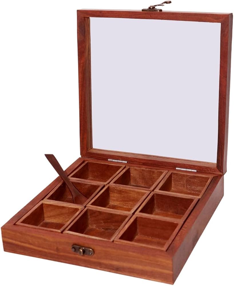 Rectangular Wooden Partitioned Spice Box- 12 seperations