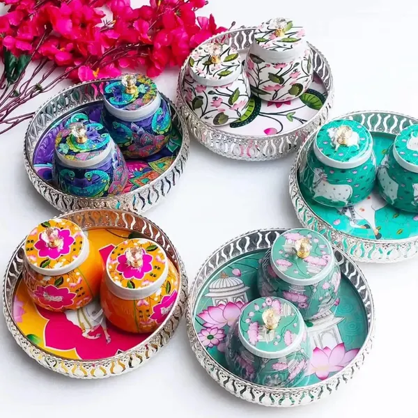 Meenakari Tray and Jar Set: Handcrafted Metal Decor