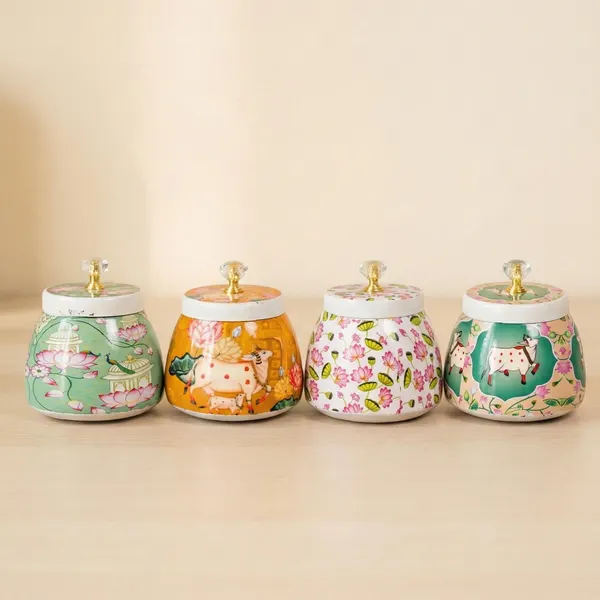 Meenakari Tray and Jar Set: Handcrafted Metal Decor