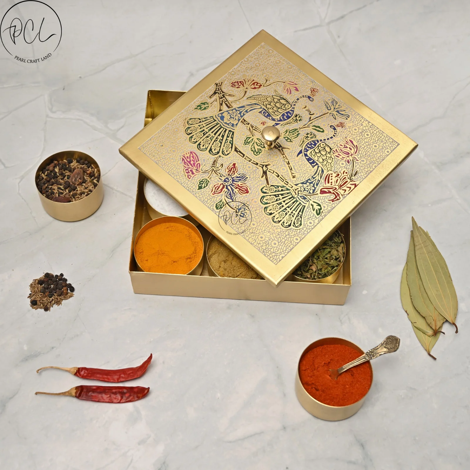 Handcrafted Brass Masala Box Peacock Design set with Spoon