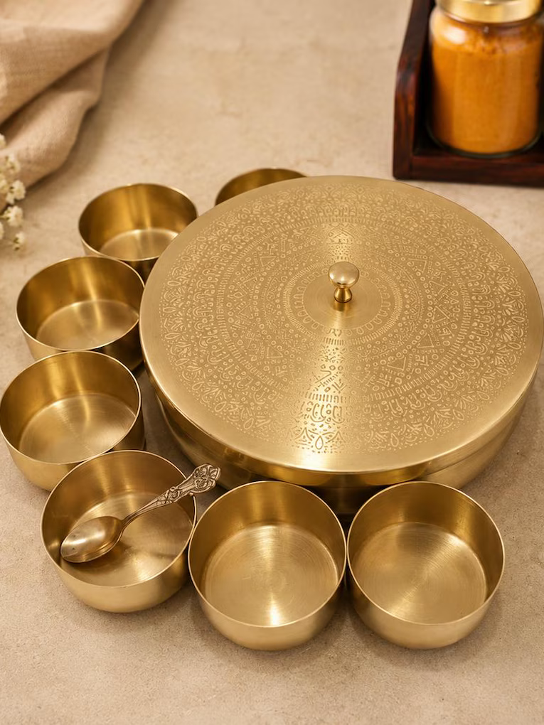 Spice Box Brass Indian Handmade 7 Bowl 1 Box 1 Spoon Kitchen Storage Spice Box
