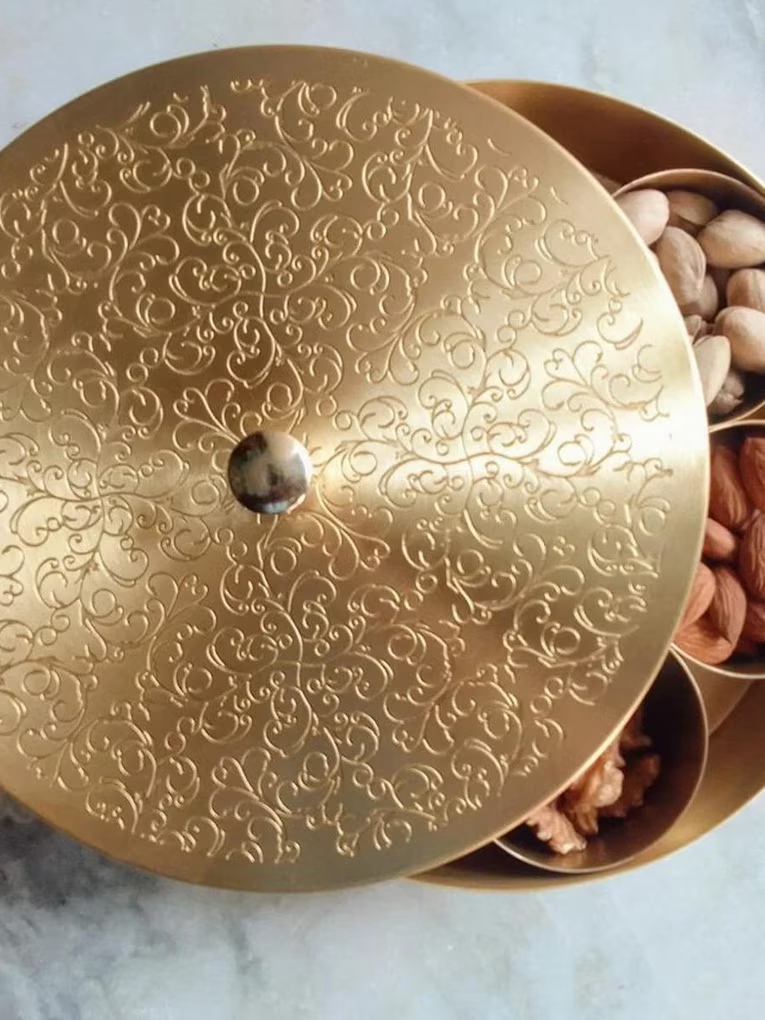 Spice Box Brass Indian Handmade 7 Bowl 1 Box 1 Spoon Kitchen Storage Spice Box