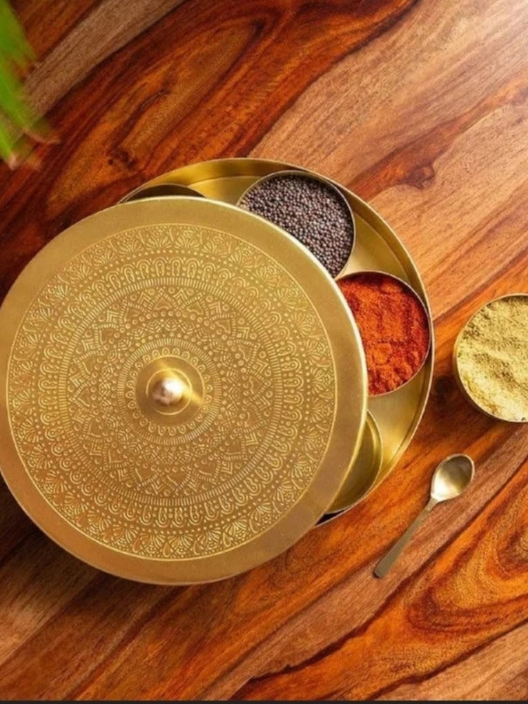 Spice Box Brass Indian Handmade 7 Bowl 1 Box 1 Spoon Kitchen Storage Spice Box