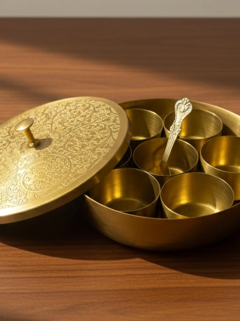 Spice Box Brass Indian Handmade 7 Bowl 1 Box 1 Spoon Kitchen Storage Spice Box