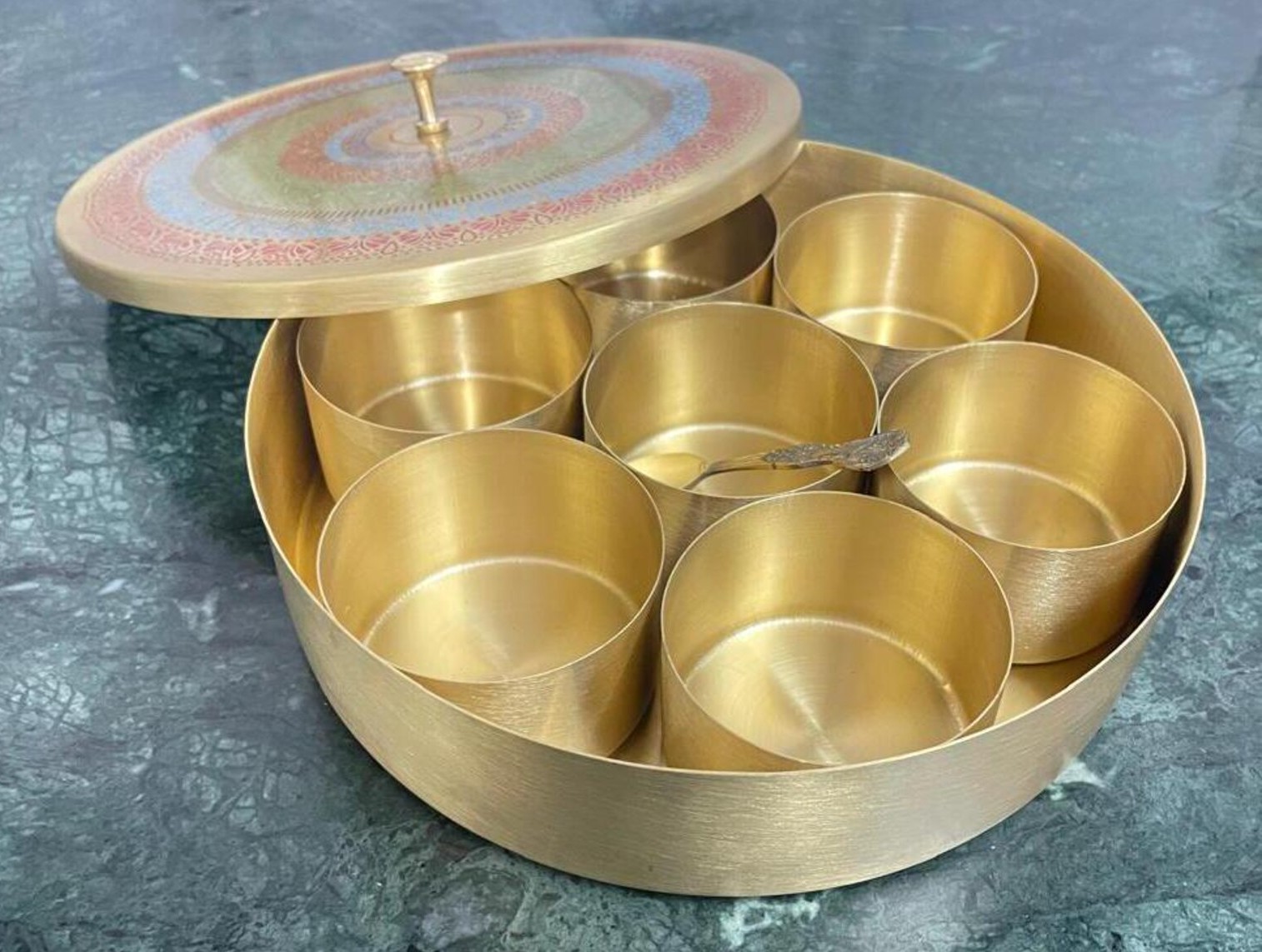 100% Pure Brass Handmade Spice Box Indian Style with Free spoon, Masala Dabba, Wedding gift, Kitchen Spice organizer 