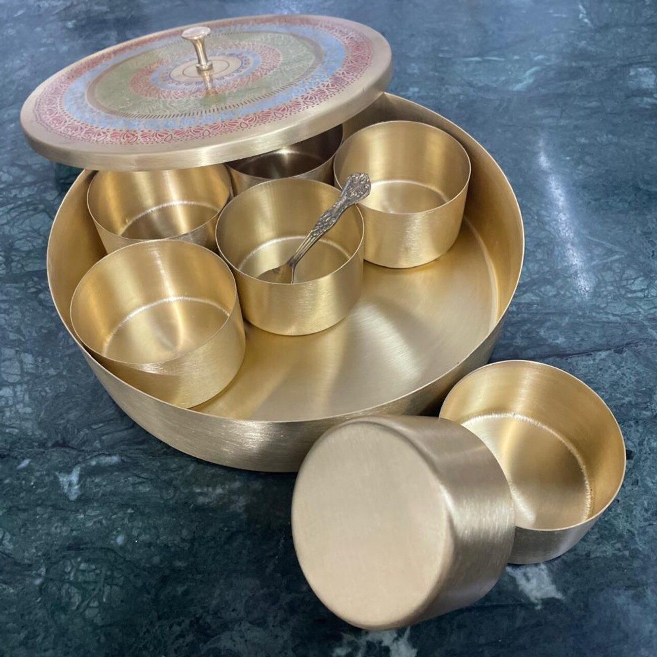 100% Pure Brass Handmade Spice Box Indian Style with Free spoon, Masala Dabba, Wedding gift, Kitchen Spice organizer 