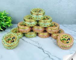 Handicrafted Meenakari Peacock Design Stainless Steel Storage Box (Golden and Pastel Finish)