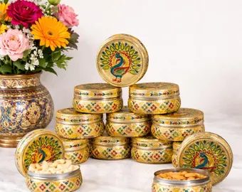 Handicrafted Meenakari Peacock Design Stainless Steel Storage Box (Golden and Pastel Finish)