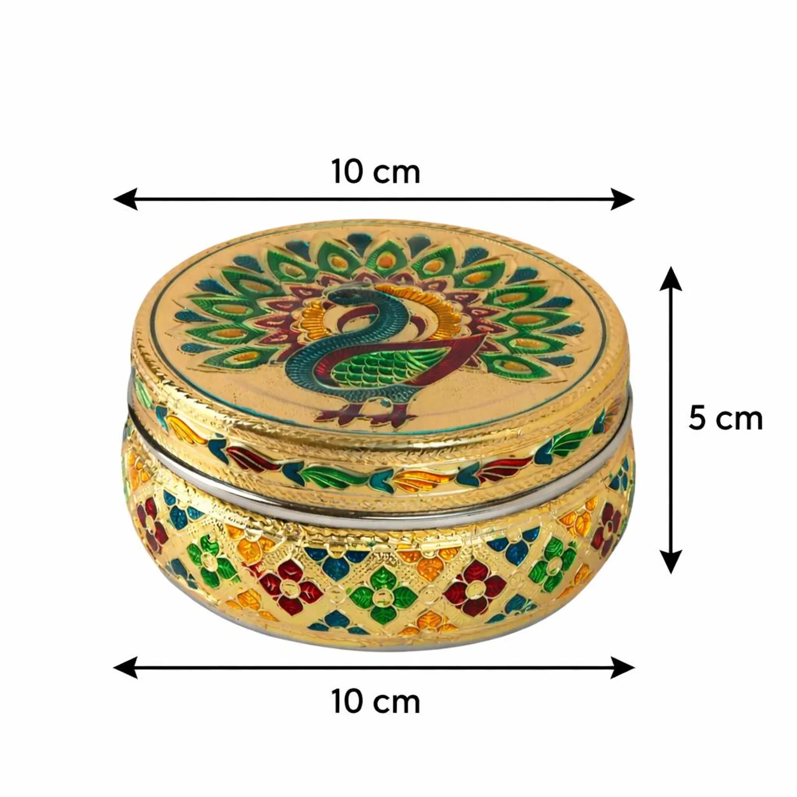 Handicrafted Meenakari Peacock Design Stainless Steel Storage Box (Golden and Pastel Finish)