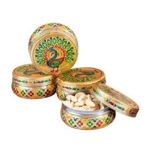 Handicrafted Meenakari Peacock Design Stainless Steel Storage Box (Golden and Pastel Finish)