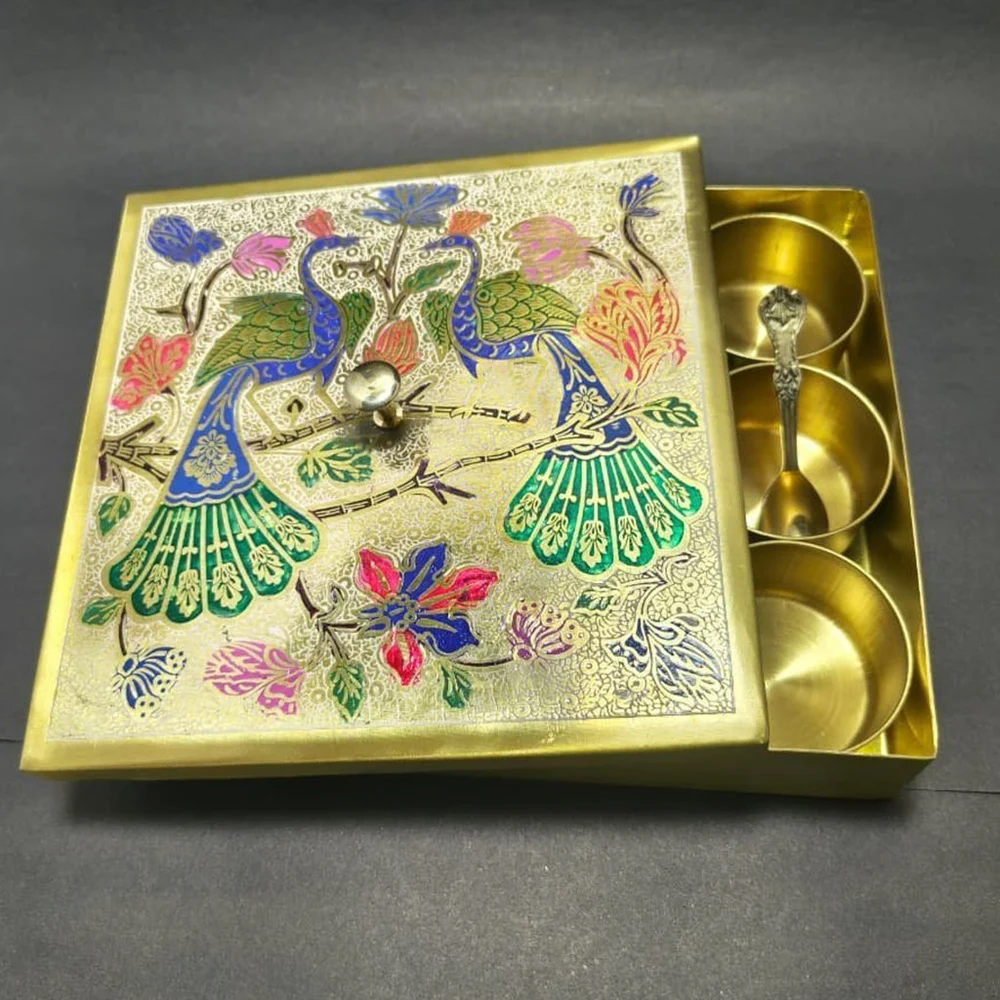 9 Compartments Peacock Iron and  Golden Spice Box Set