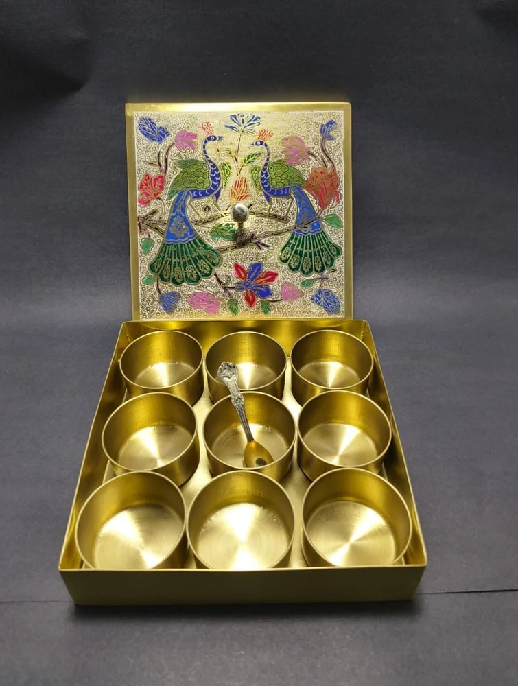 9 Compartments Peacock Iron and  Golden Spice Box Set