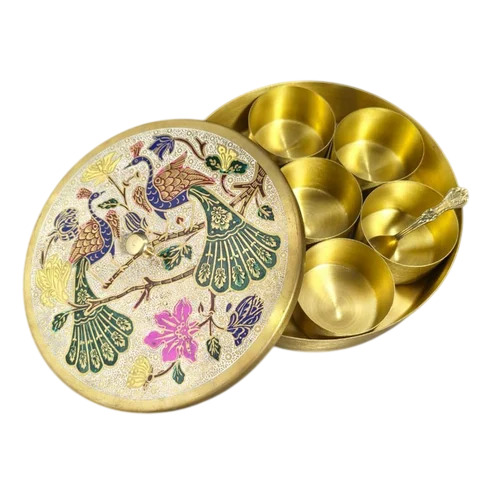 7 Compartments Peacock Print Iron Golden Spice Box Set
