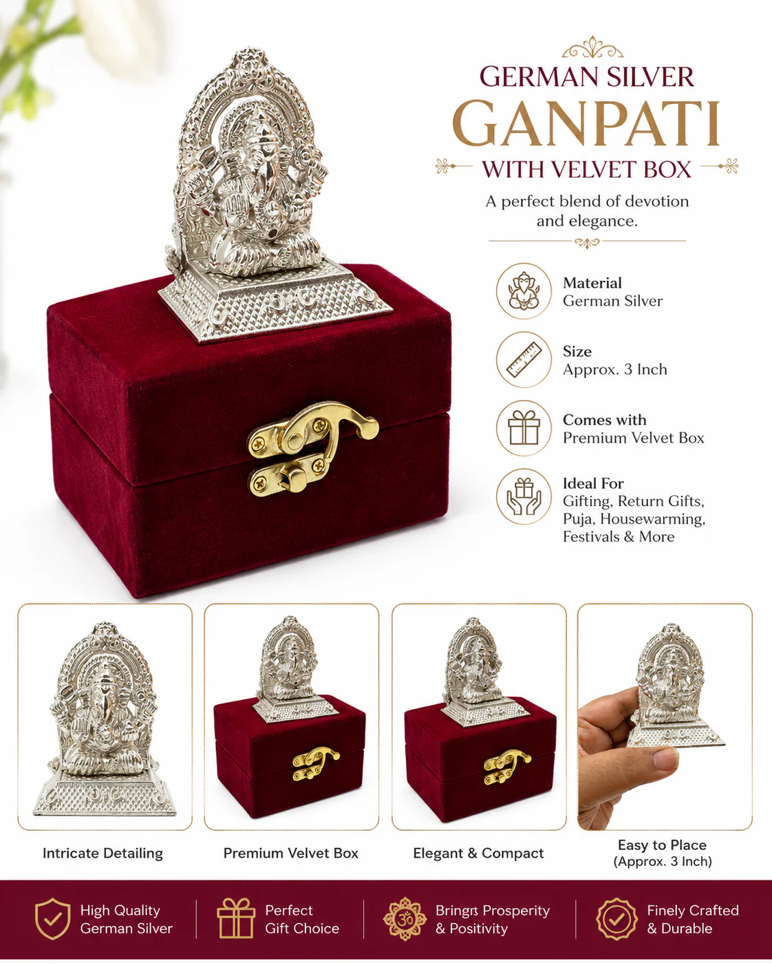 German Silver Ganpati Idol with Premium Velvet Box | Return Gift