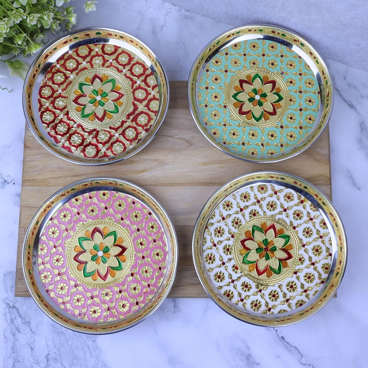 Stainless Steel  Meenakari Decorative Plate or Thali 7 inches