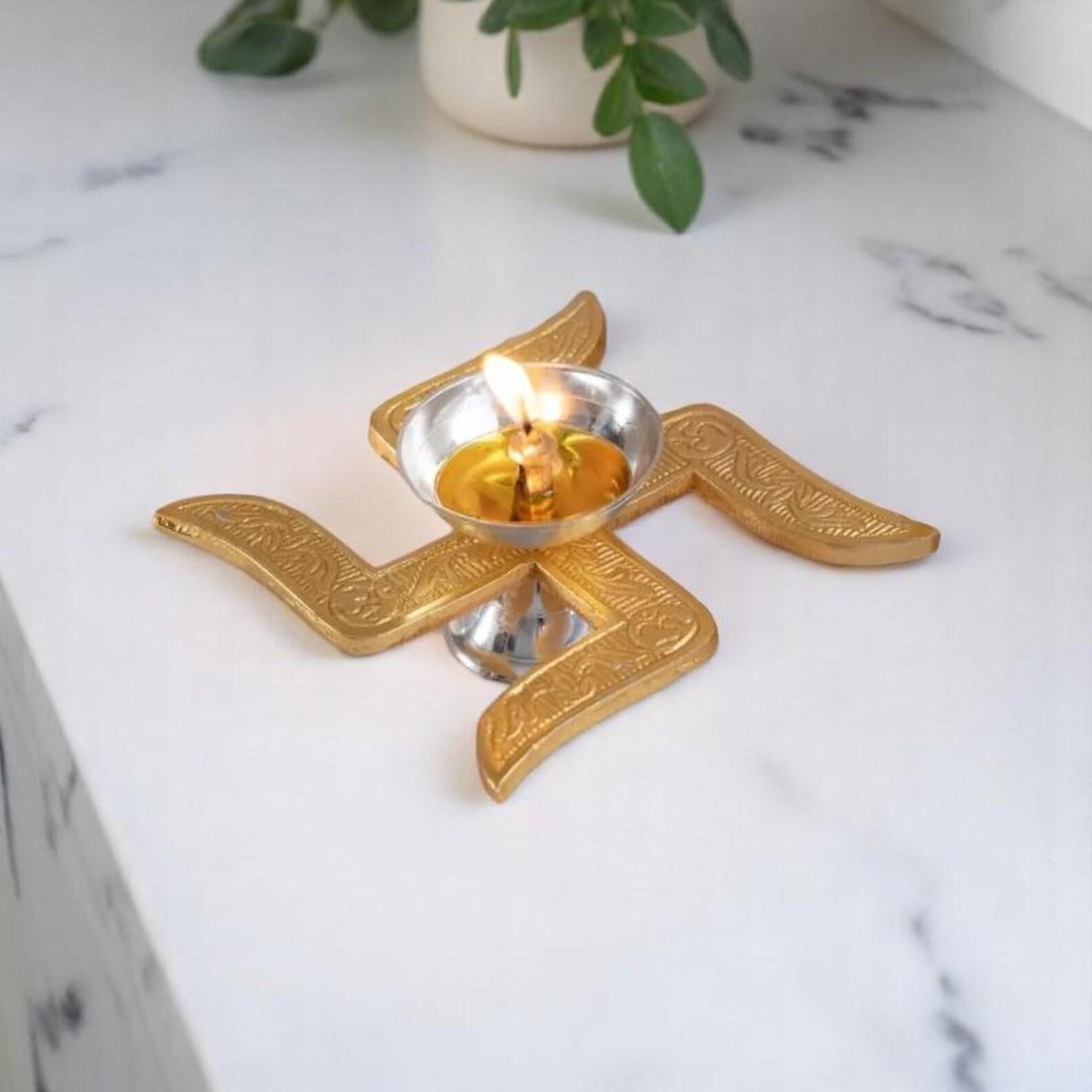 Brass and Stainless Steel Swatik Diya with Red Velvet Box